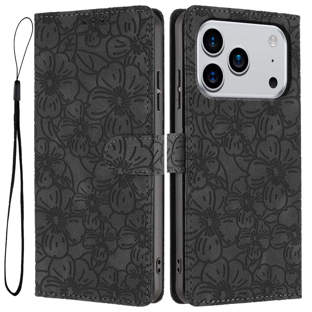 Étui portefeuille à rabat pour iPhone 17 Pro, motif fleurs de cerisier, avec dragonne et support intégré.