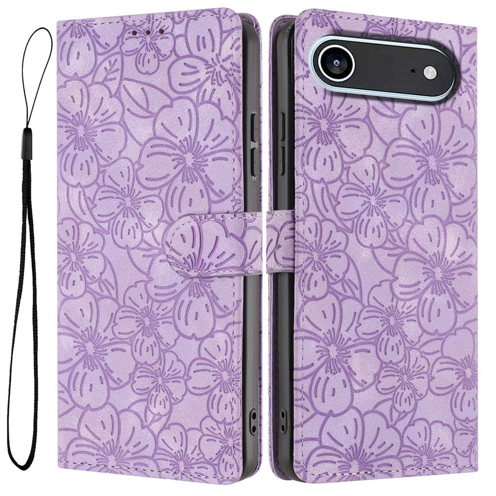 For iPhone Air Flip Case Cherry Blossom Pattern Leather Wallet Stand Phone Cover with Wrist Strap
