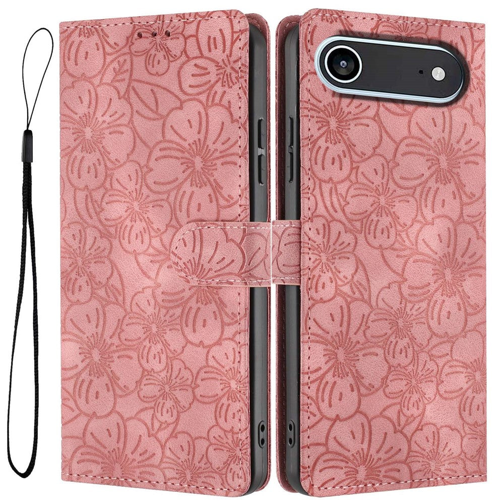 For iPhone Air Flip Case Cherry Blossom Pattern Leather Wallet Stand Phone Cover with Wrist Strap