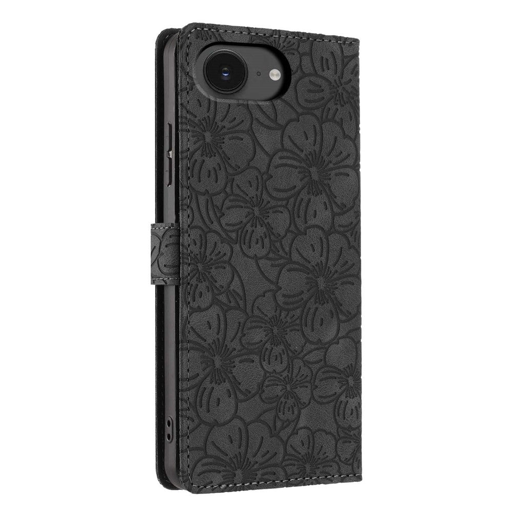 Funda tipo cartera de piel con estampado de flores de cerezo para iPhone 16e, con soporte y correa de muñeca.