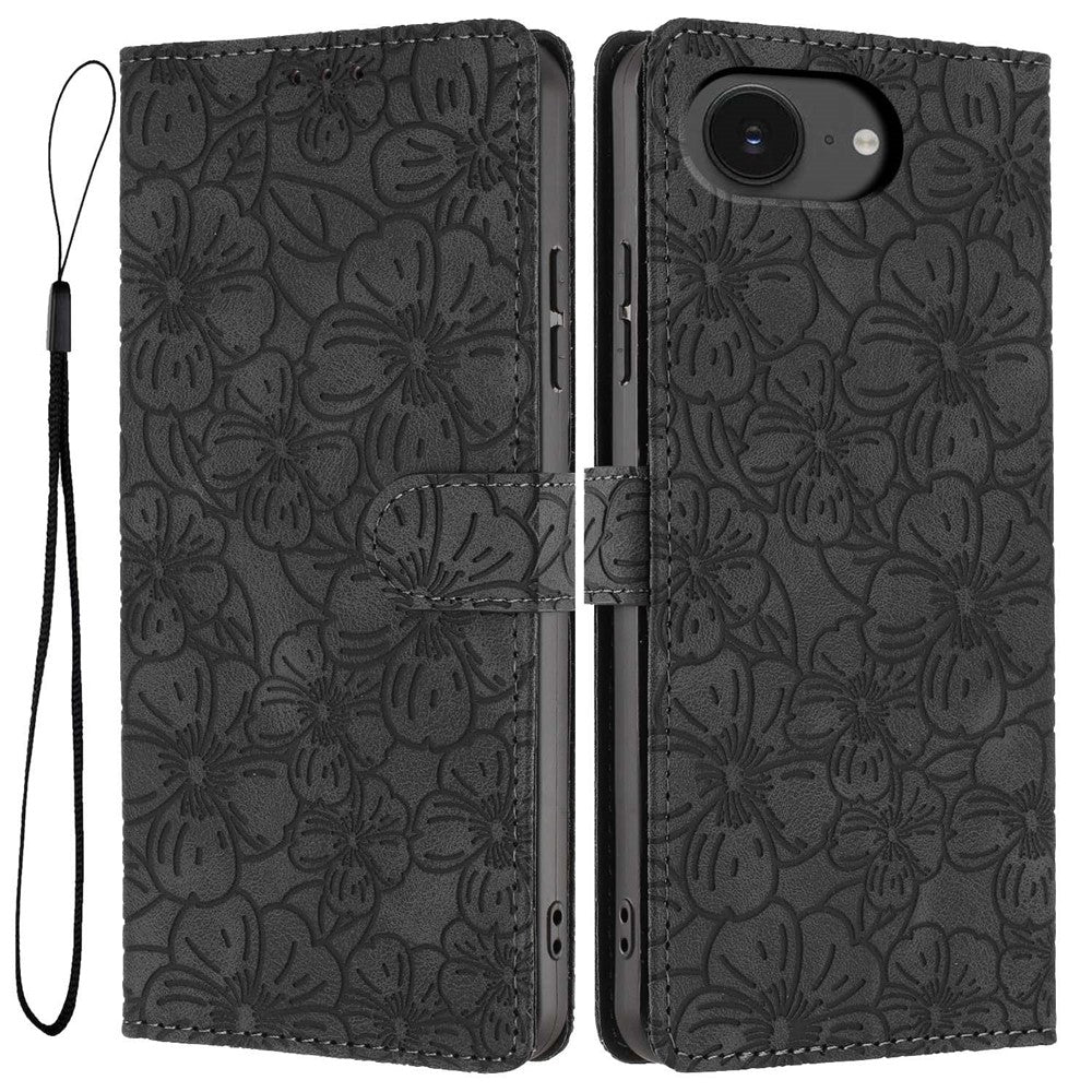 For iPhone 16e Flip Case Cherry Blossom Pattern Leather Wallet Stand Phone Cover with Wrist Strap