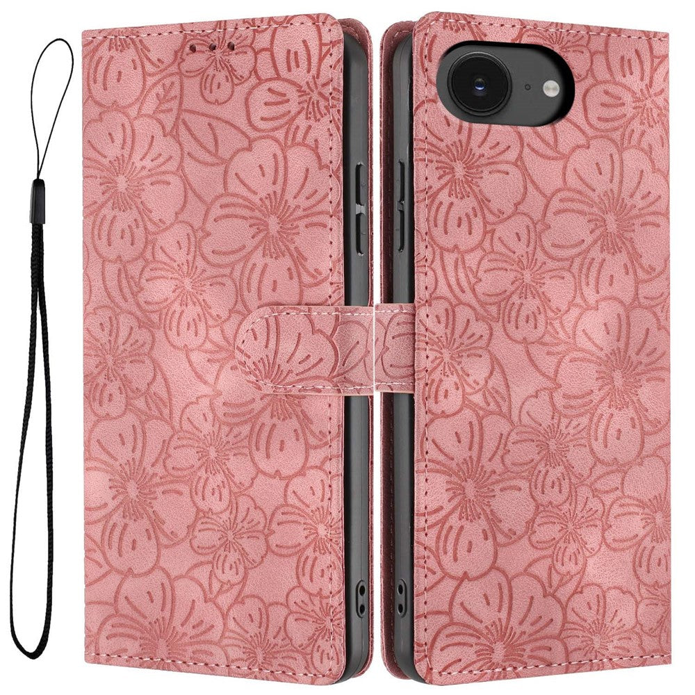 For iPhone 16e Flip Case Cherry Blossom Pattern Leather Wallet Stand Phone Cover with Wrist Strap