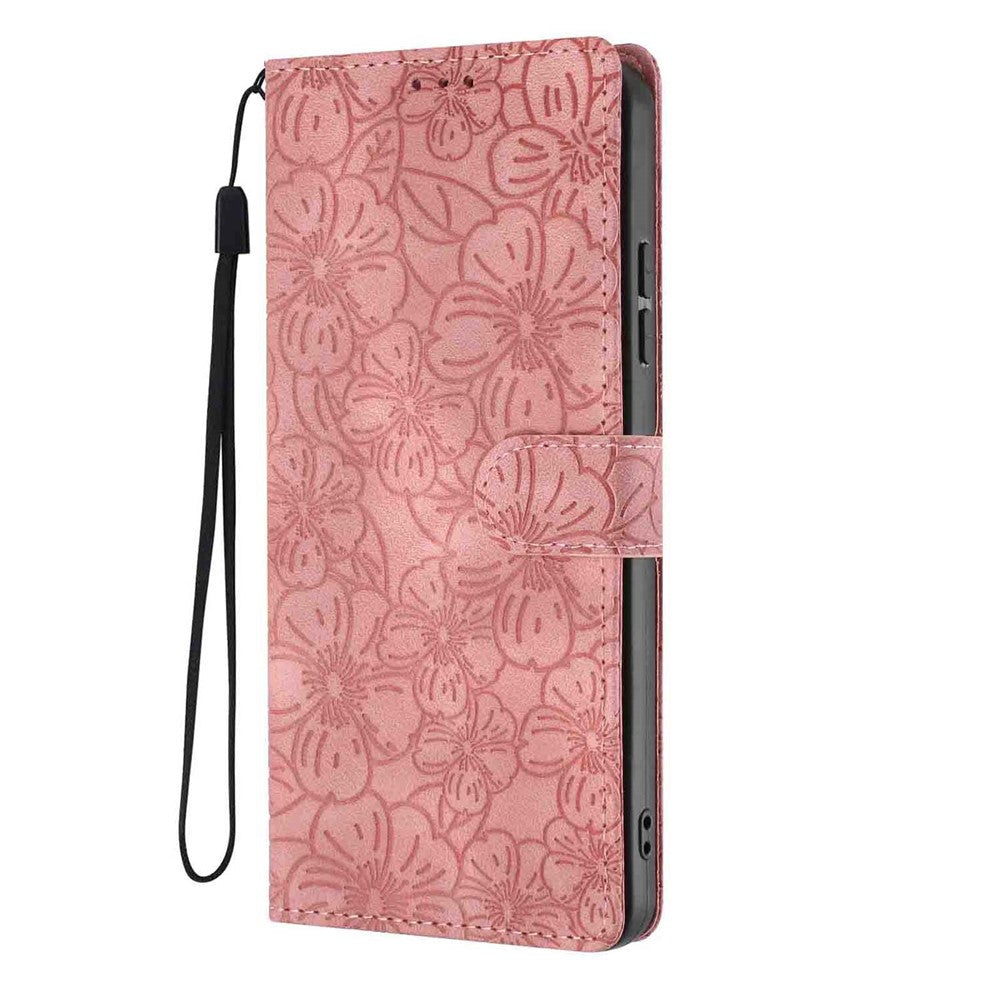 Funda tipo cartera de piel con estampado de flores de cerezo para iPhone 16 Pro Max, con soporte y correa de muñeca.