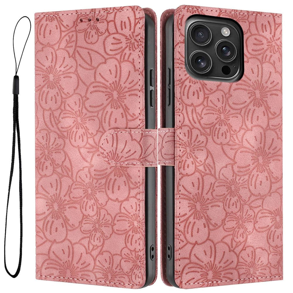 For iPhone 16 Pro Flip Case Cherry Blossom Pattern Leather Wallet Stand Phone Cover with Wrist Strap