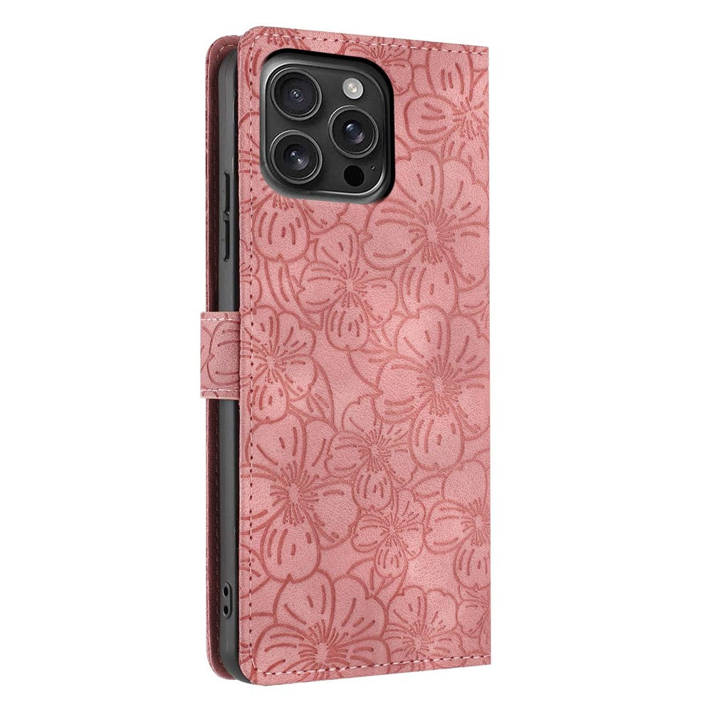 For iPhone 16 Pro Flip Case Cherry Blossom Pattern Leather Wallet Stand Phone Cover with Wrist Strap