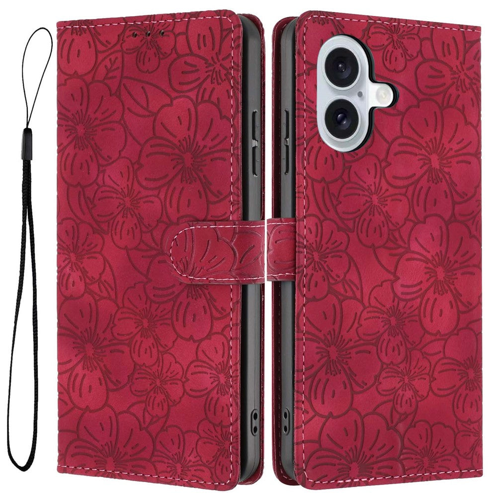 For iPhone 16 Flip Case Cherry Blossom Pattern Leather Wallet Stand Phone Cover with Wrist Strap