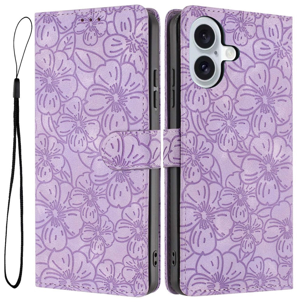 For iPhone 16 Flip Case Cherry Blossom Pattern Leather Wallet Stand Phone Cover with Wrist Strap