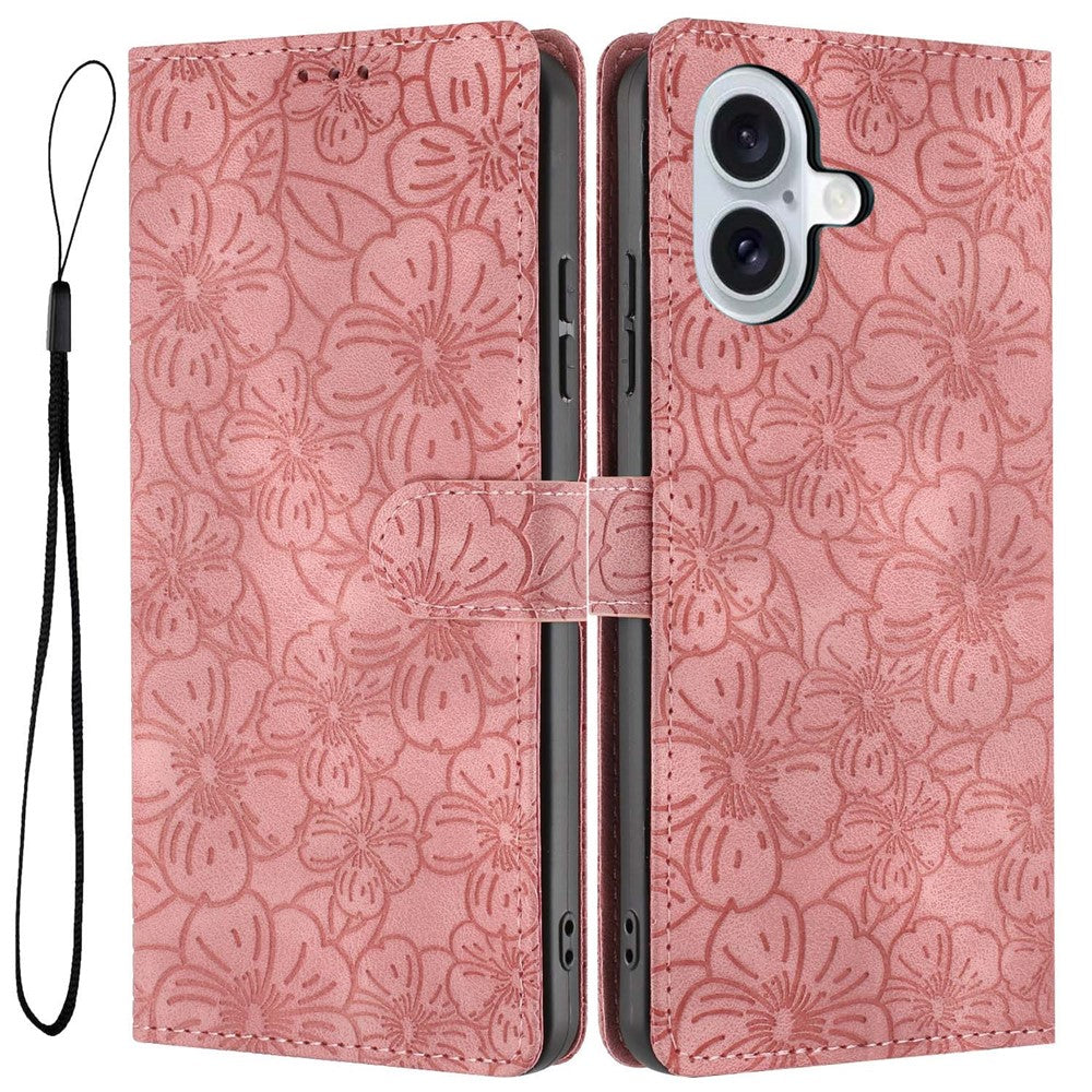 For iPhone 16 Flip Case Cherry Blossom Pattern Leather Wallet Stand Phone Cover with Wrist Strap