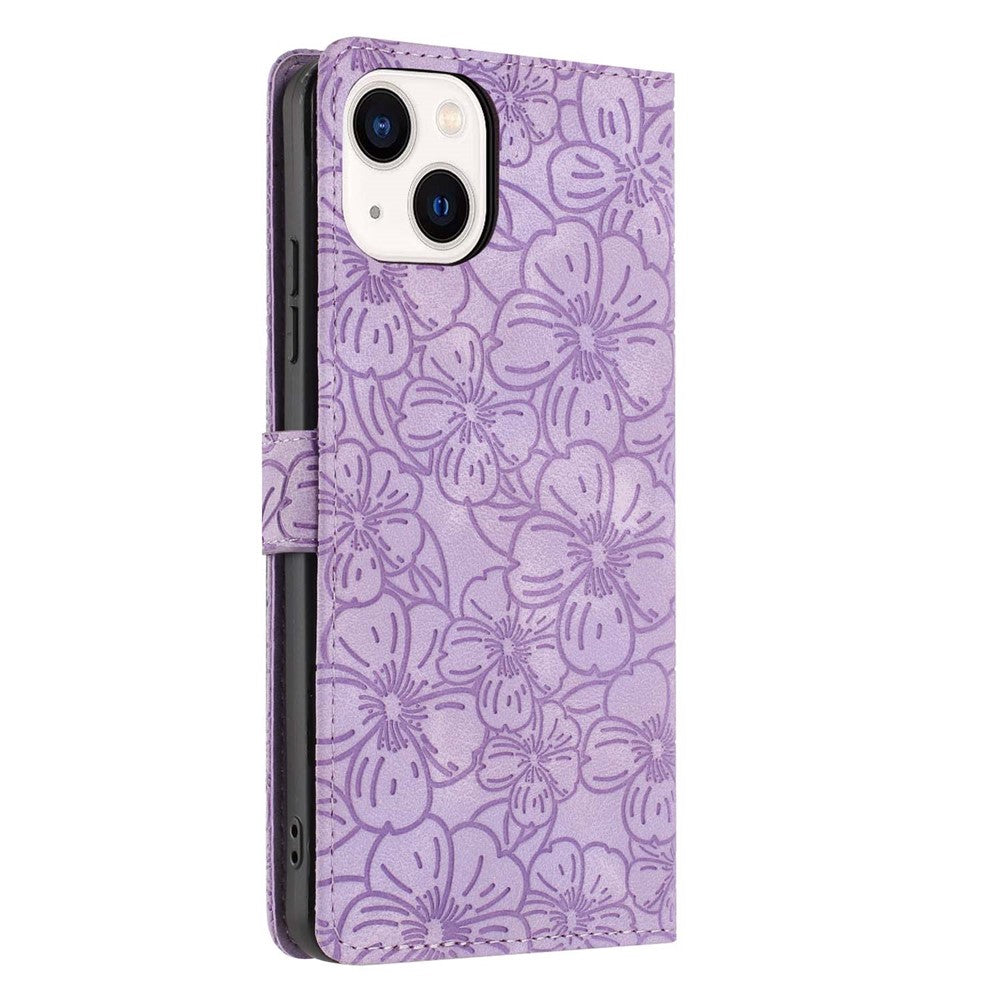 For iPhone 15 Flip Case Cherry Blossom Pattern Leather Wallet Stand Phone Cover with Wrist Strap