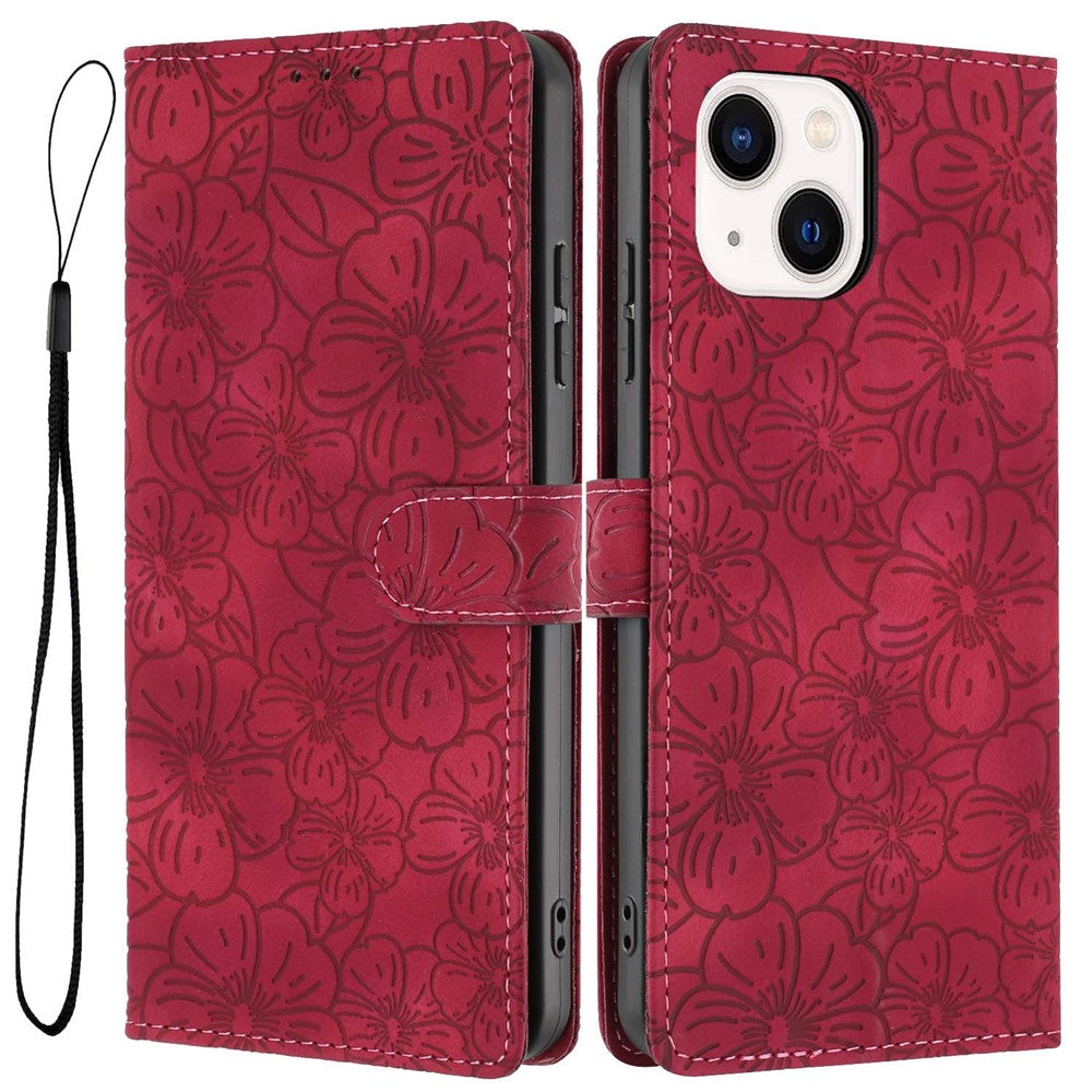 For iPhone 15 Flip Case Cherry Blossom Pattern Leather Wallet Stand Phone Cover with Wrist Strap