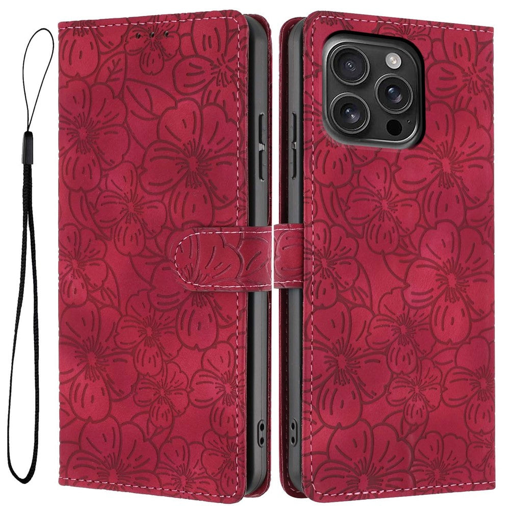 For Phone 15 Pro Max Flip Case Cherry Blossom Pattern Leather Wallet Stand Phone Cover with Wrist Strap