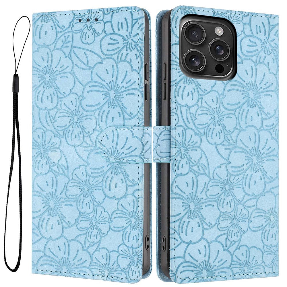 For Phone 15 Pro Max Flip Case Cherry Blossom Pattern Leather Wallet Stand Phone Cover with Wrist Strap