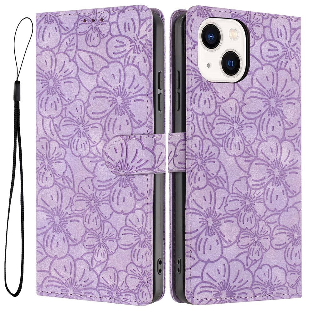 For iPhone 14  /  13 Flip Case Cherry Blossom Pattern Leather Wallet Stand Phone Cover with Wrist Strap