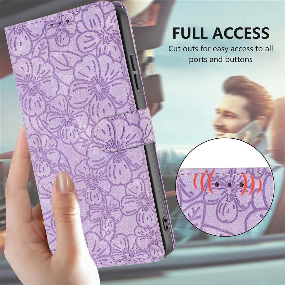 For iPhone 14  /  13 Flip Case Cherry Blossom Pattern Leather Wallet Stand Phone Cover with Wrist Strap
