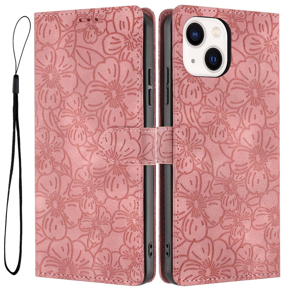 For iPhone 14  /  13 Flip Case Cherry Blossom Pattern Leather Wallet Stand Phone Cover with Wrist Strap