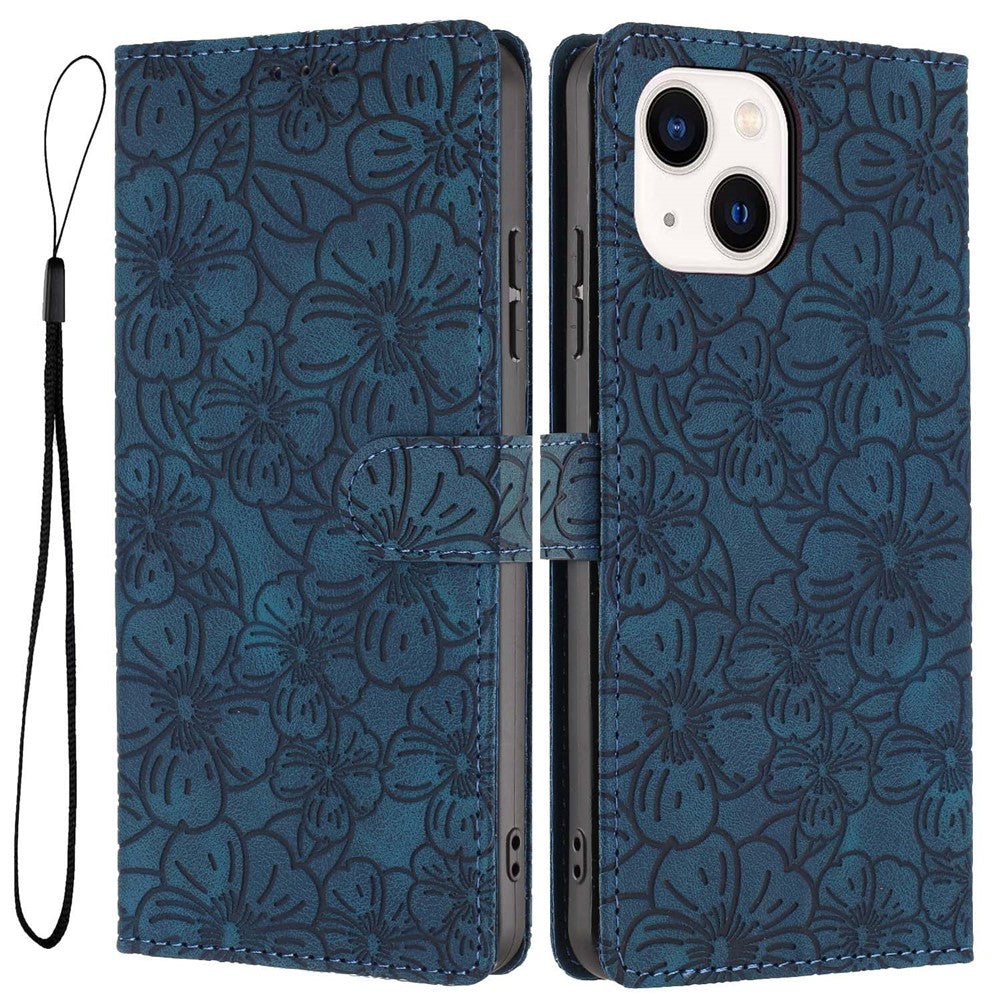 For iPhone 14  /  13 Flip Case Cherry Blossom Pattern Leather Wallet Stand Phone Cover with Wrist Strap