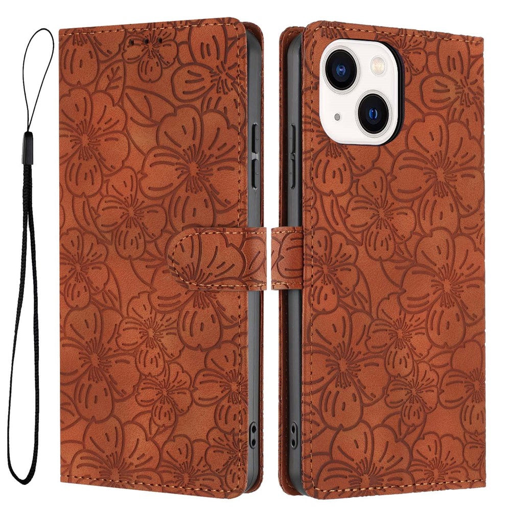 For iPhone 14  /  13 Flip Case Cherry Blossom Pattern Leather Wallet Stand Phone Cover with Wrist Strap