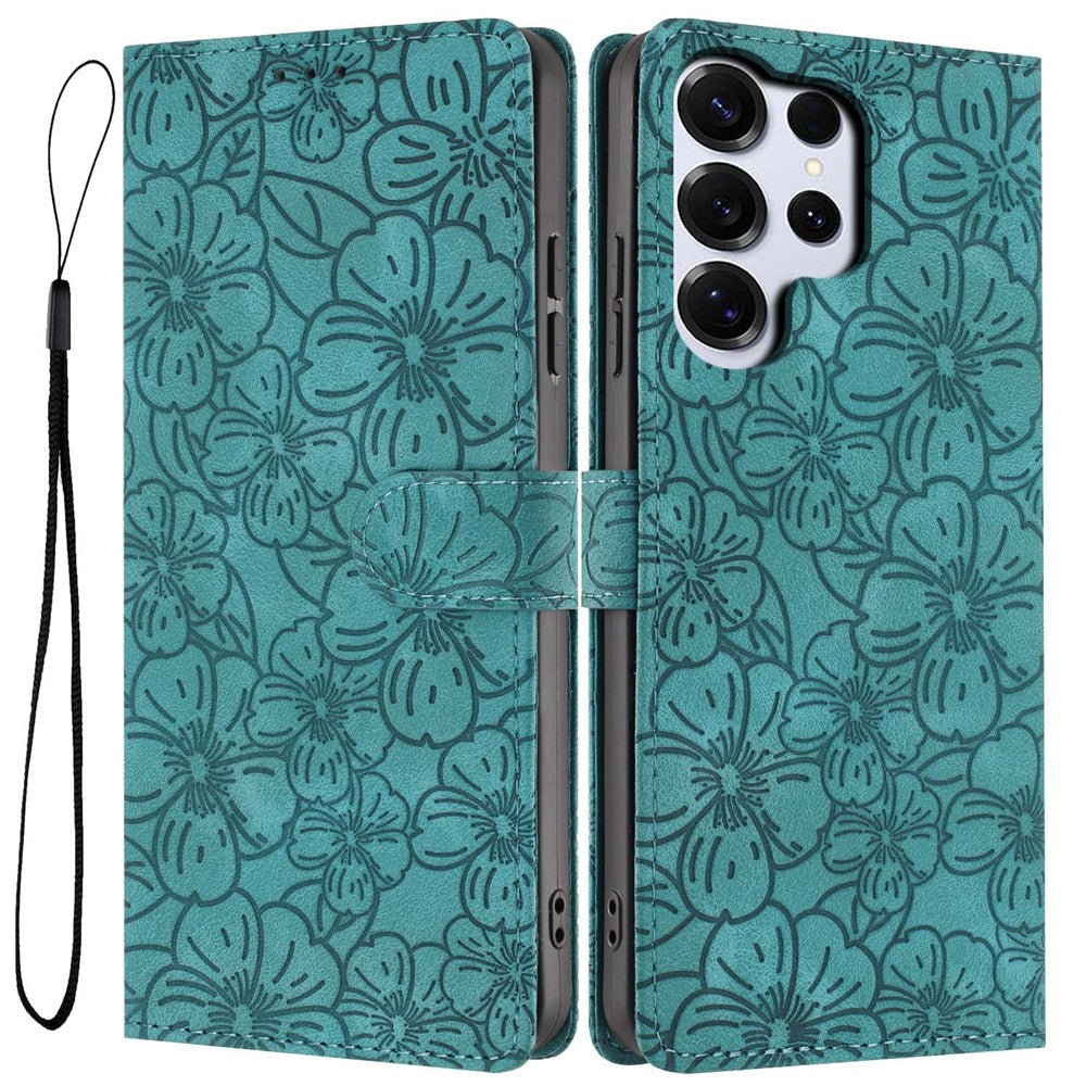 For Samsung Galaxy S26 Ultra Flip Case Cherry Blossom Pattern Leather Wallet Stand Phone Cover with Wrist Strap