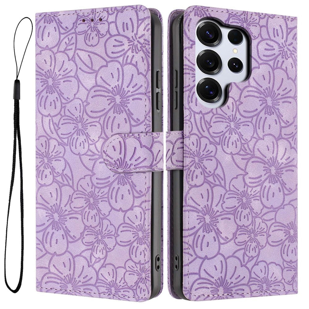 For Samsung Galaxy S26 Ultra Flip Case Cherry Blossom Pattern Leather Wallet Stand Phone Cover with Wrist Strap