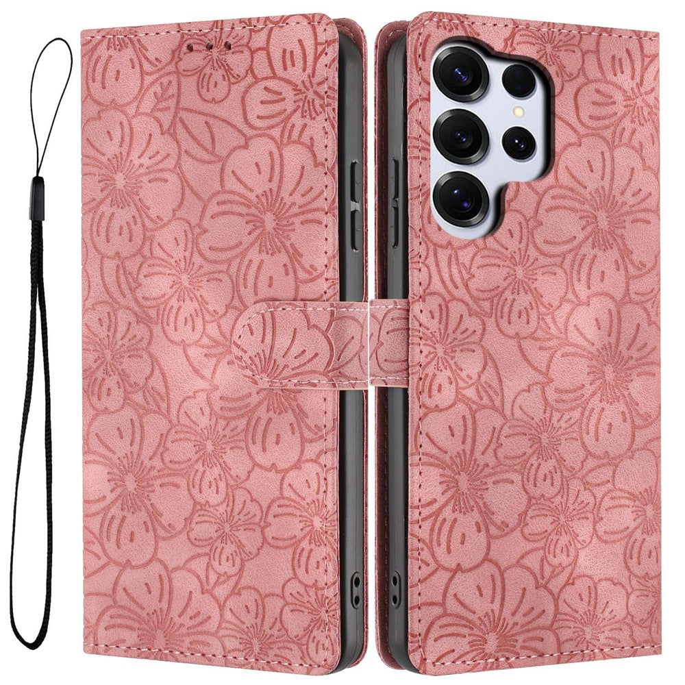 For Samsung Galaxy S26 Ultra Flip Case Cherry Blossom Pattern Leather Wallet Stand Phone Cover with Wrist Strap
