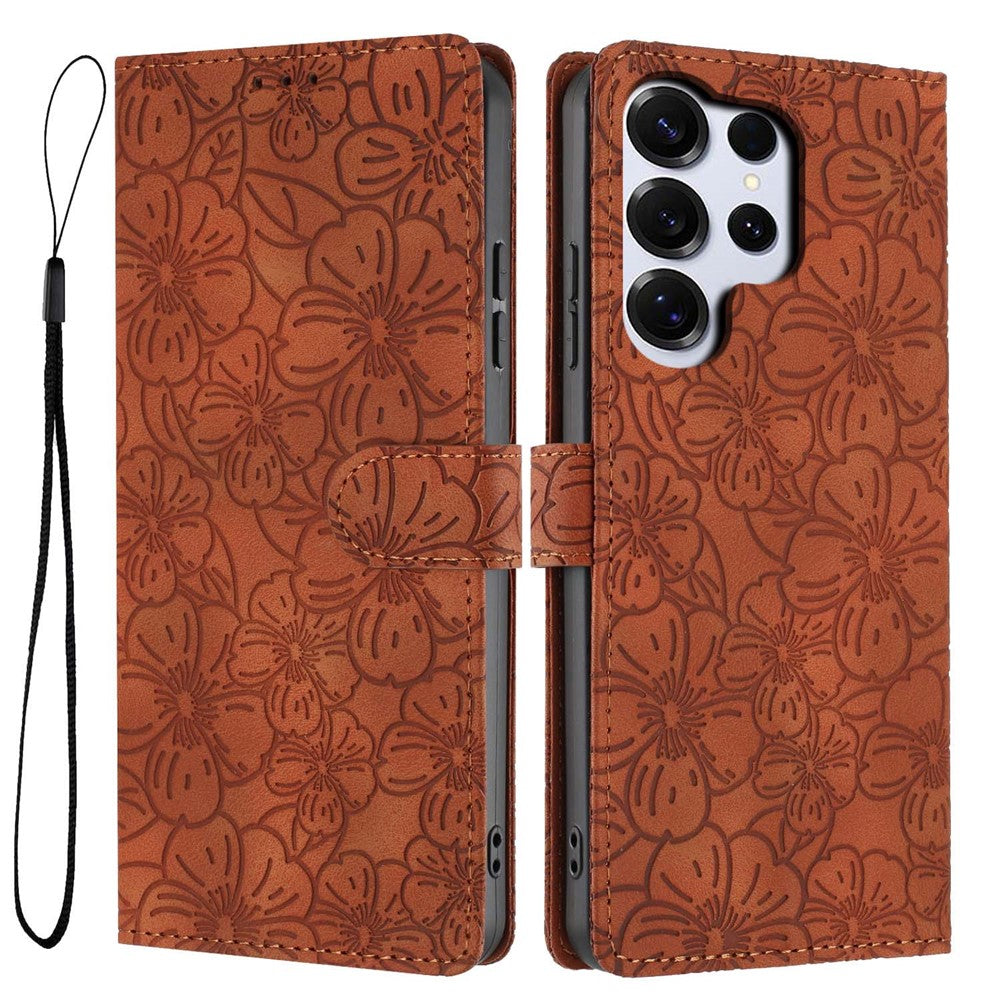 For Samsung Galaxy S26 Ultra Flip Case Cherry Blossom Pattern Leather Wallet Stand Phone Cover with Wrist Strap