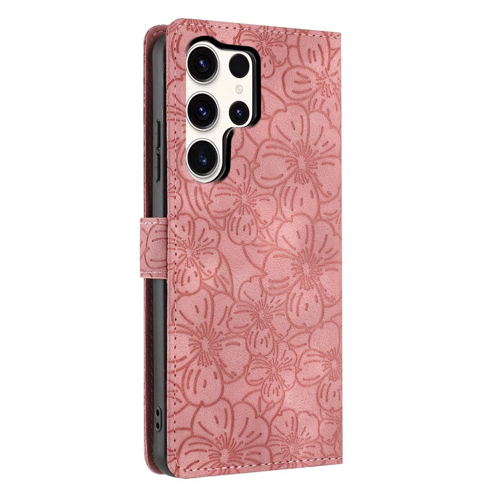 For Samsung Galaxy S25 Ultra Flip Case Cherry Blossom Pattern Leather Wallet Stand Phone Cover with Wrist Strap