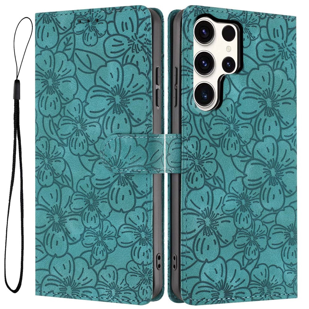 For Samsung Galaxy S25 Ultra Flip Case Cherry Blossom Pattern Leather Wallet Stand Phone Cover with Wrist Strap