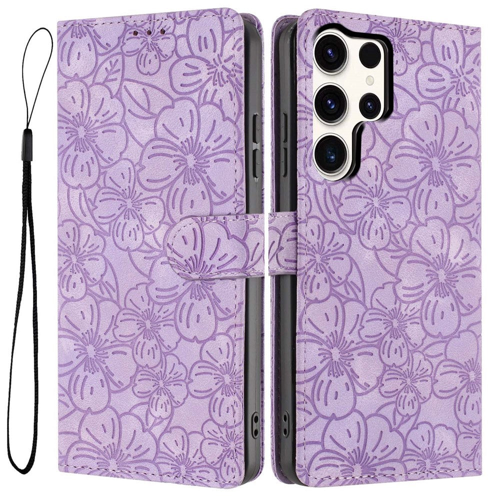 For Samsung Galaxy S25 Ultra Flip Case Cherry Blossom Pattern Leather Wallet Stand Phone Cover with Wrist Strap