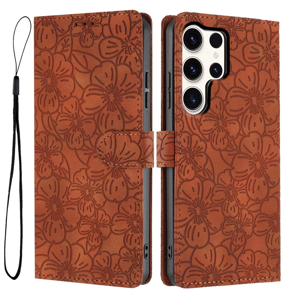 For Samsung Galaxy S25 Ultra Flip Case Cherry Blossom Pattern Leather Wallet Stand Phone Cover with Wrist Strap