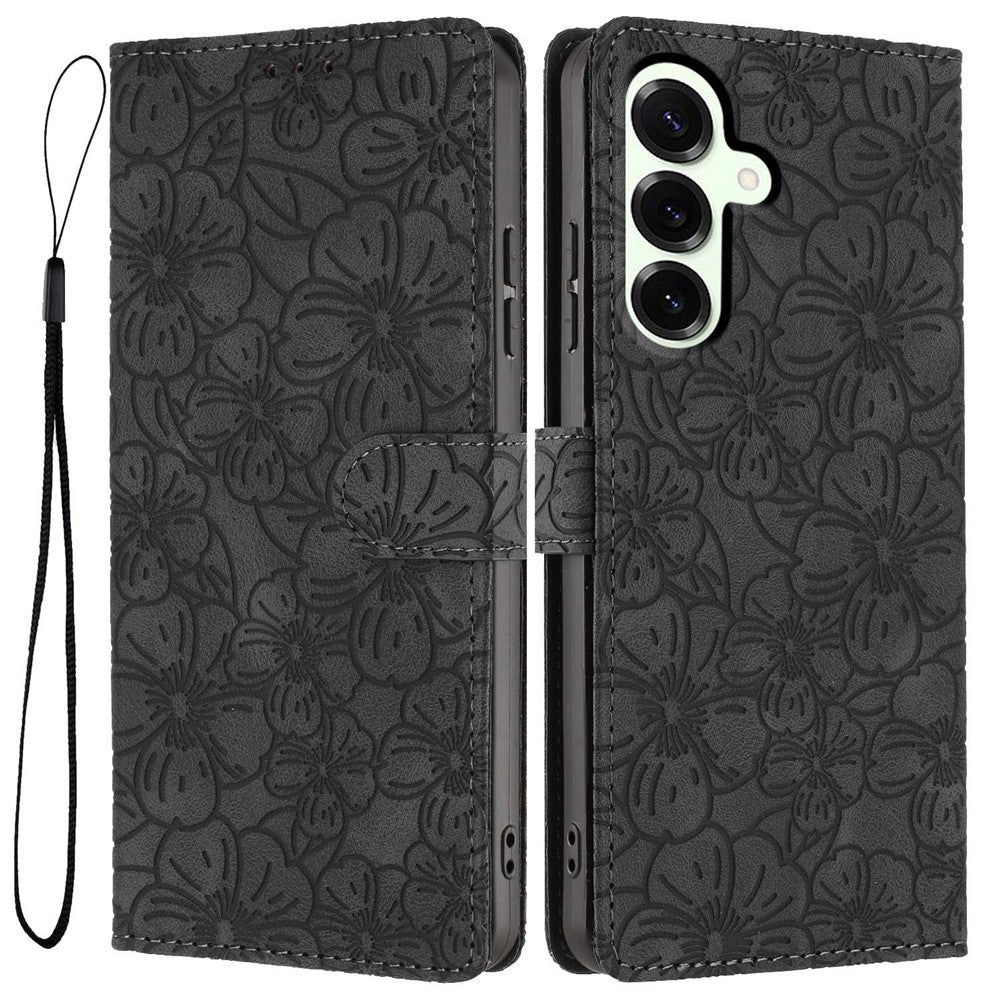 For Samsung Galaxy S25+ Flip Case Cherry Blossom Pattern Leather Wallet Stand Phone Cover with Wrist Strap