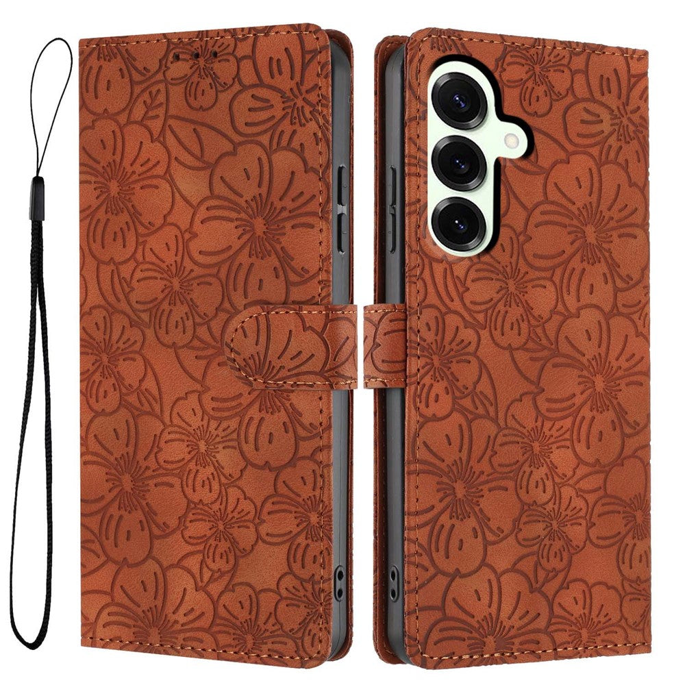 For Samsung Galaxy S25+ Flip Case Cherry Blossom Pattern Leather Wallet Stand Phone Cover with Wrist Strap