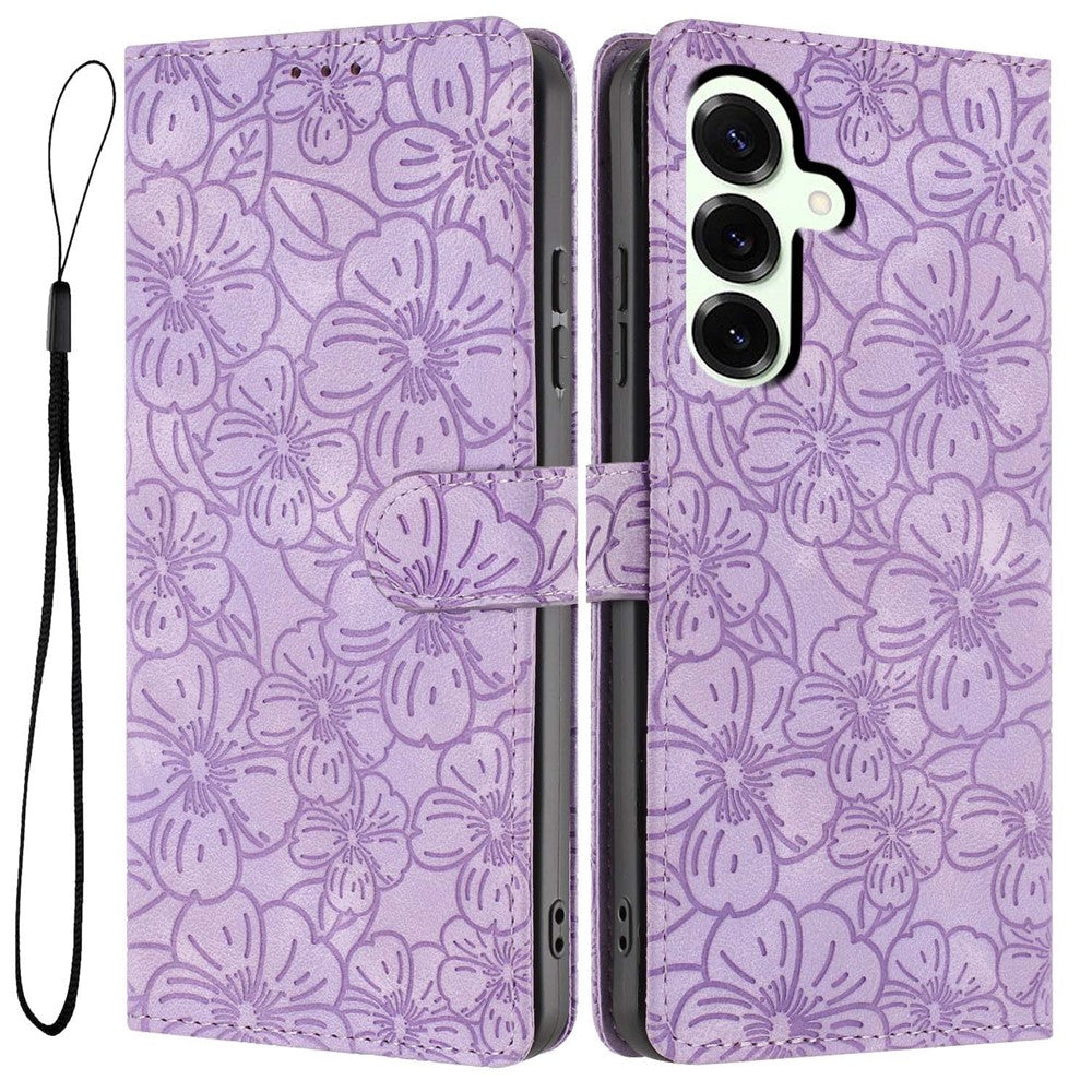 For Samsung Galaxy S25 Flip Case Cherry Blossom Pattern Leather Wallet Stand Phone Cover with Wrist Strap