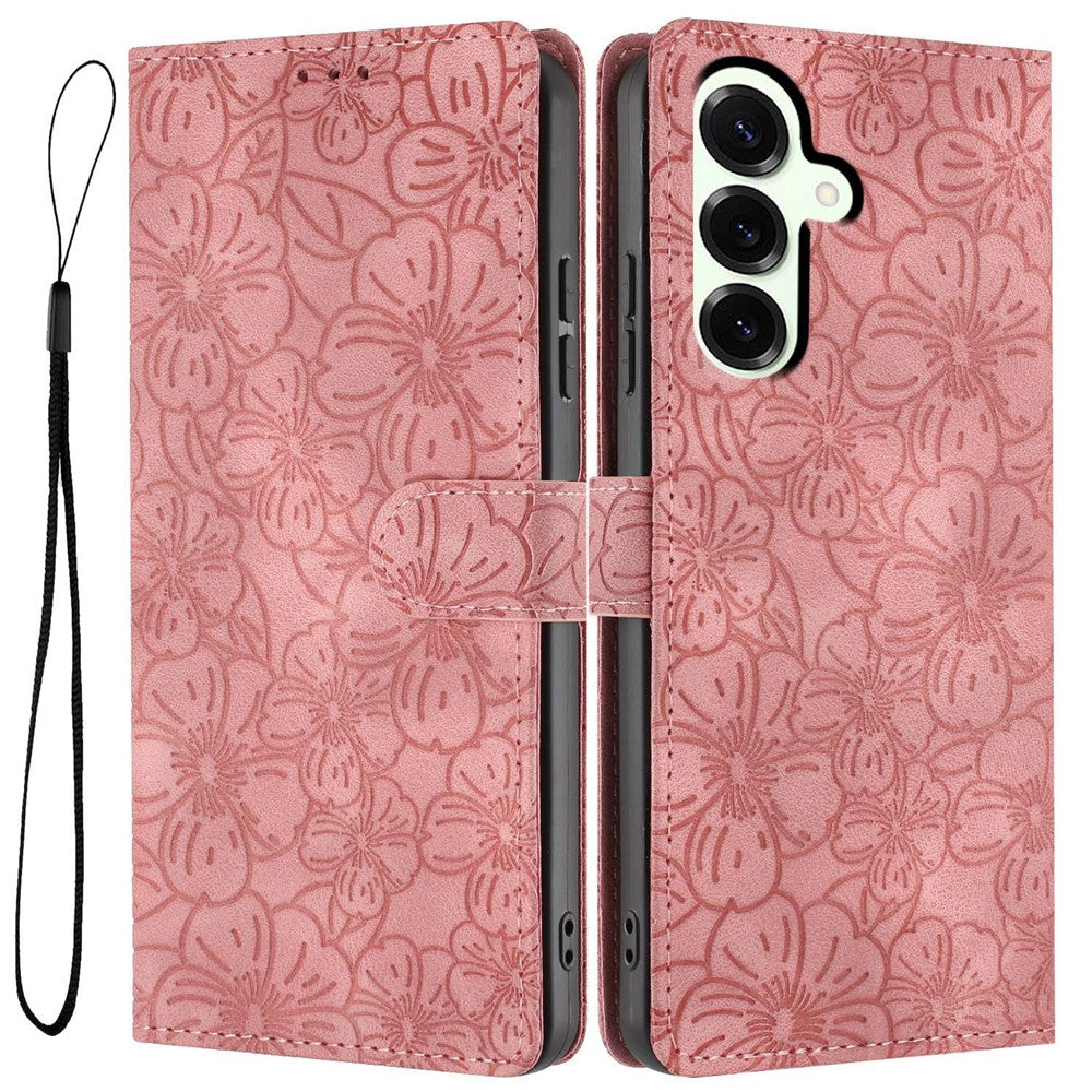For Samsung Galaxy S25 Flip Case Cherry Blossom Pattern Leather Wallet Stand Phone Cover with Wrist Strap