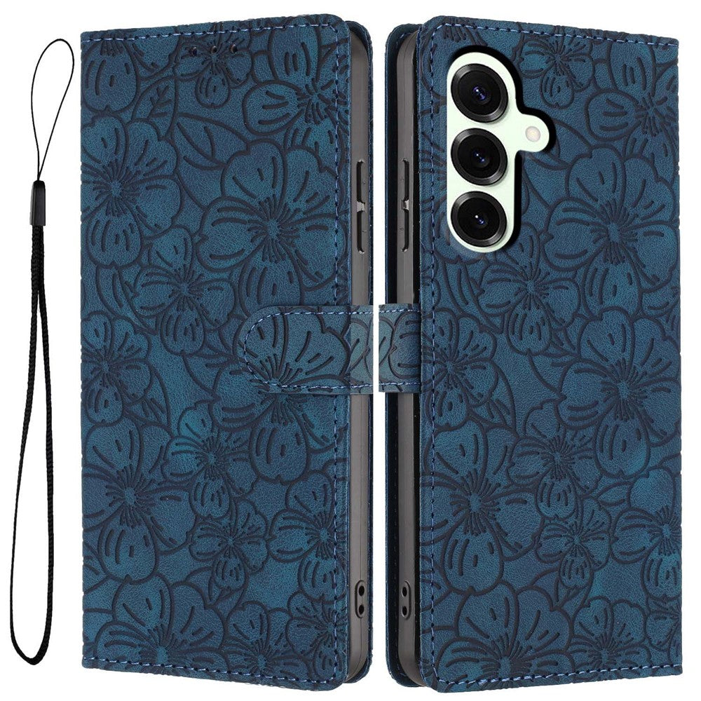 For Samsung Galaxy S25 Flip Case Cherry Blossom Pattern Leather Wallet Stand Phone Cover with Wrist Strap