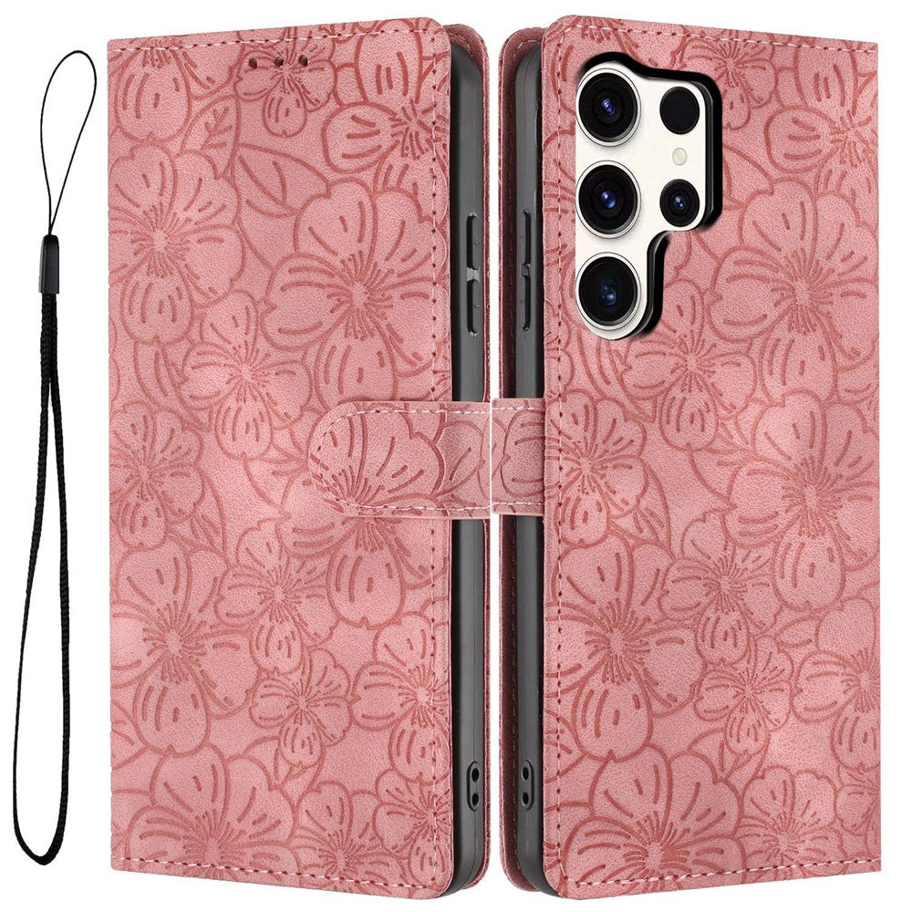 For Samsung Galaxy S24 Ultra Flip Case Cherry Blossom Pattern Leather Wallet Stand Phone Cover with Wrist Strap
