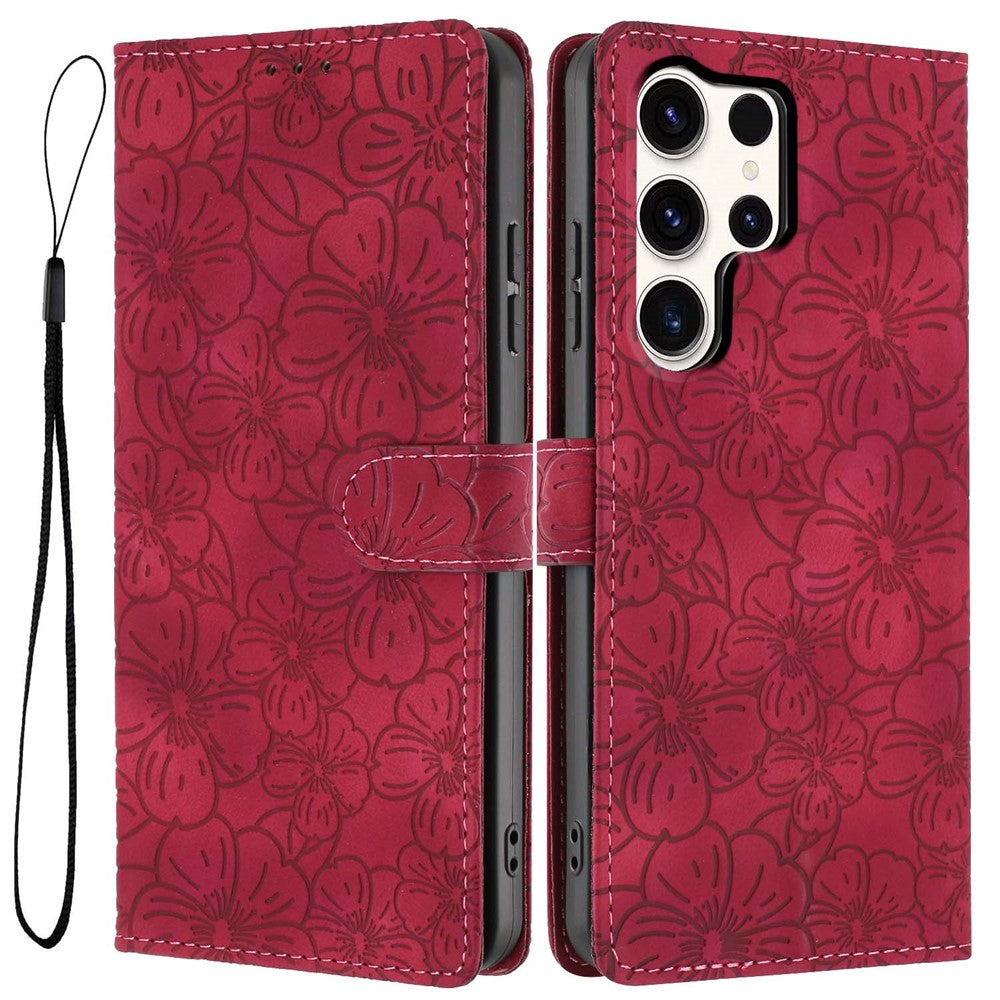 For Samsung Galaxy S24 Ultra Flip Case Cherry Blossom Pattern Leather Wallet Stand Phone Cover with Wrist Strap