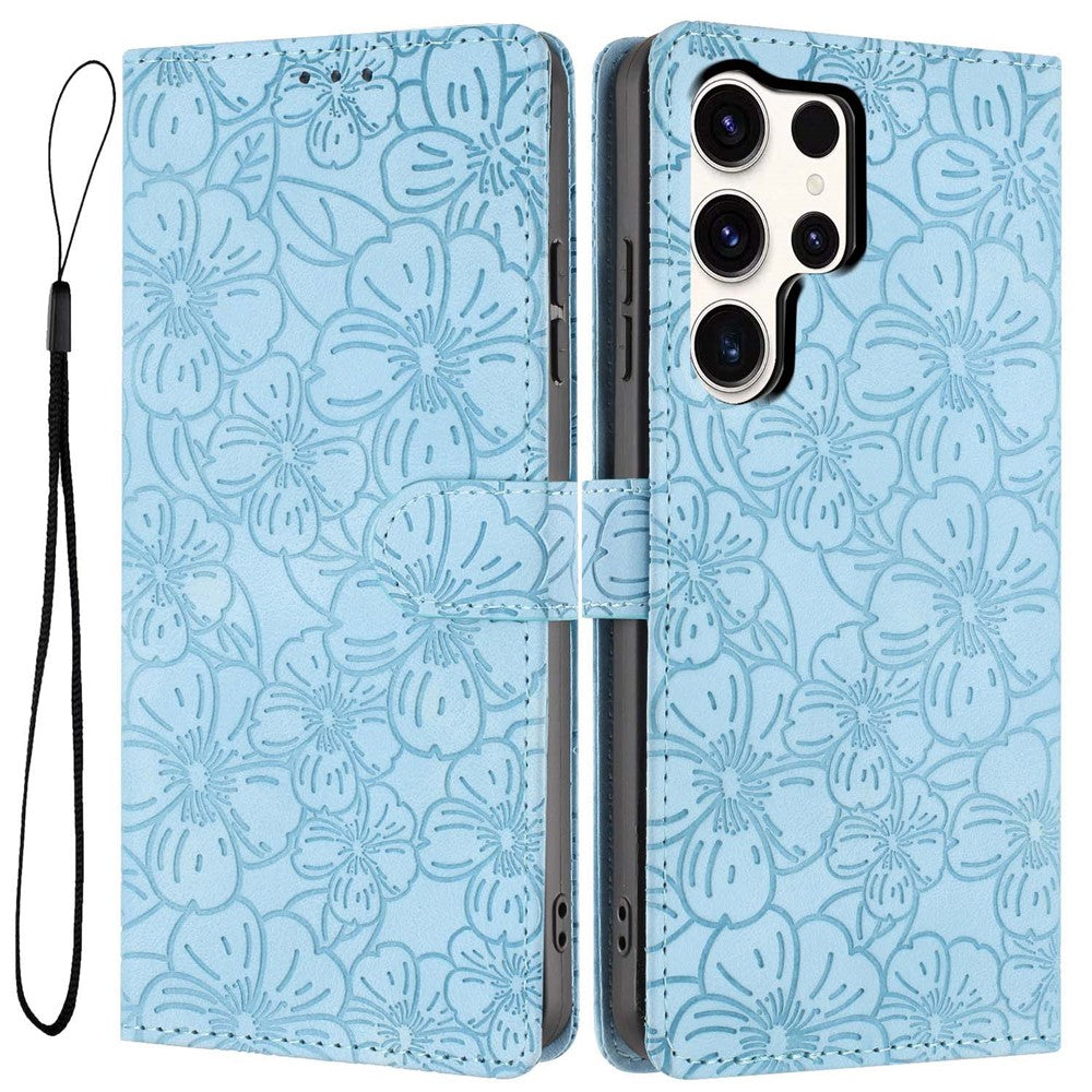 For Samsung Galaxy S24 Ultra Flip Case Cherry Blossom Pattern Leather Wallet Stand Phone Cover with Wrist Strap