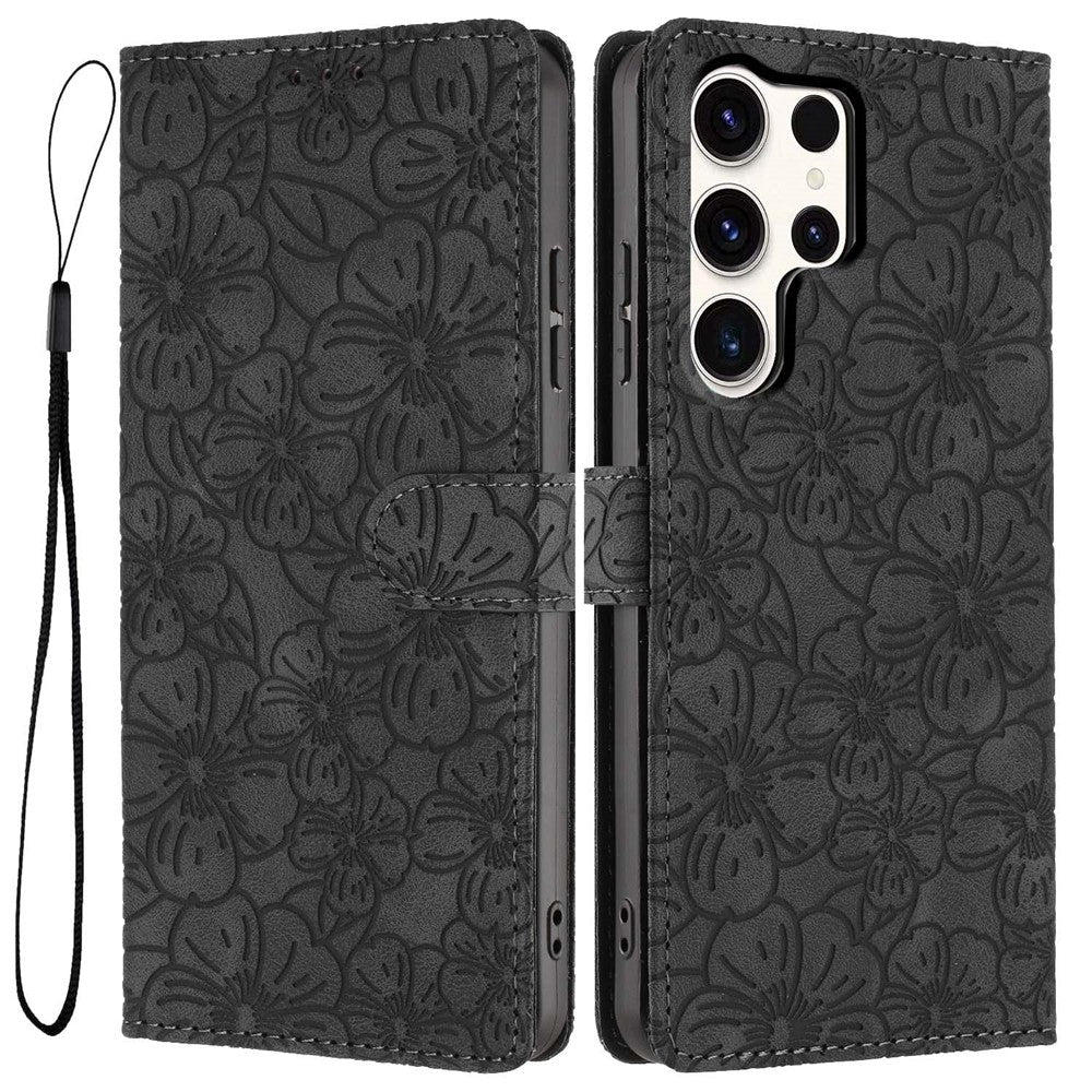 For Samsung Galaxy S24 Ultra Flip Case Cherry Blossom Pattern Leather Wallet Stand Phone Cover with Wrist Strap