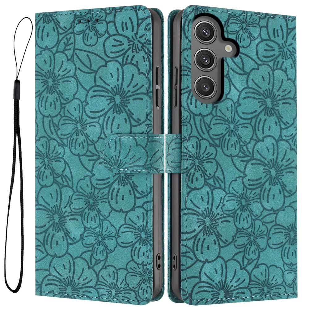 For Samsung Galaxy S24 Flip Case Cherry Blossom Pattern Leather Wallet Stand Phone Cover with Wrist Strap