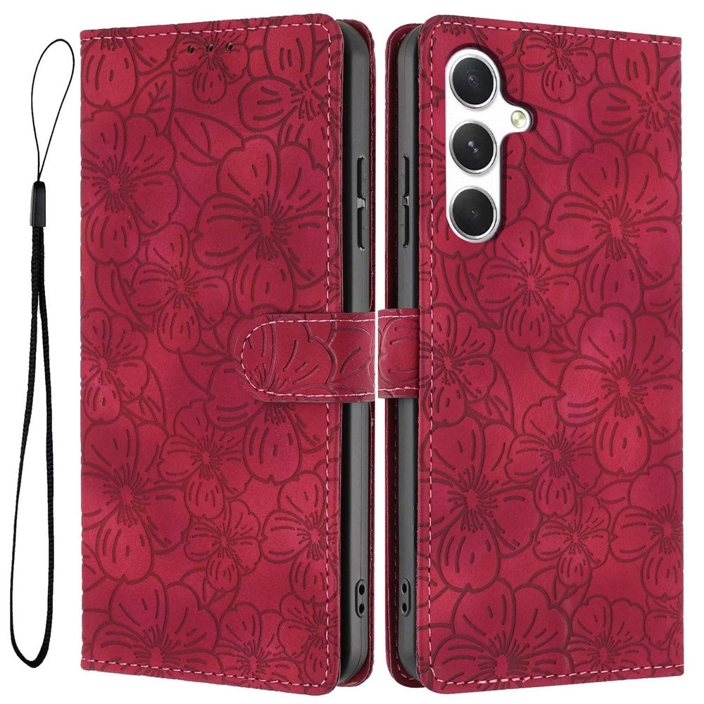 For Samsung Galaxy A55 5G Flip Case Cherry Blossom Pattern Leather Wallet Stand Phone Cover with Wrist Strap