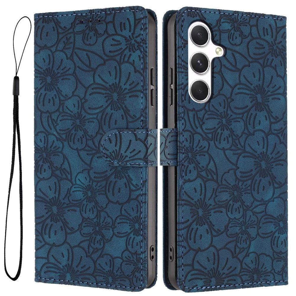 For Samsung Galaxy A55 5G Flip Case Cherry Blossom Pattern Leather Wallet Stand Phone Cover with Wrist Strap