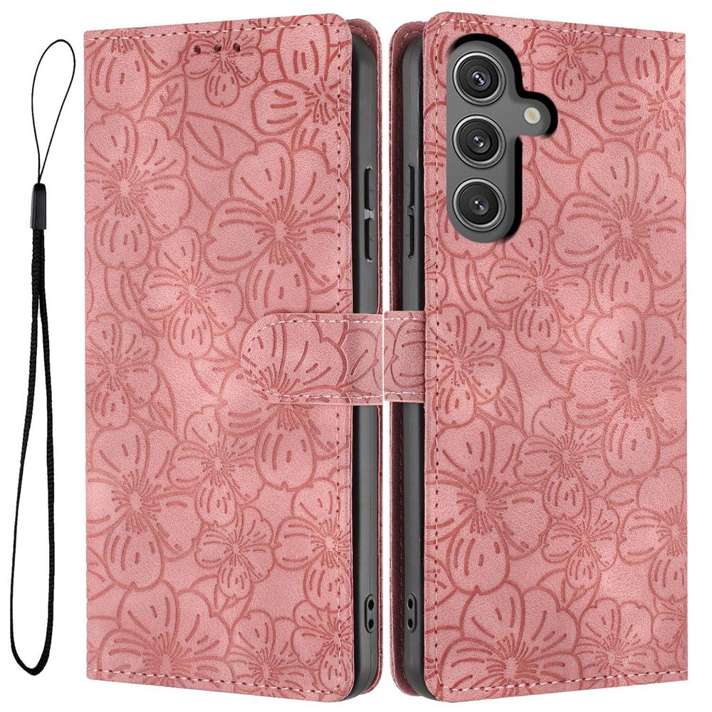 Étui portefeuille à rabat en cuir à motif fleurs de cerisier avec dragonne pour Samsung Galaxy A05s 4G