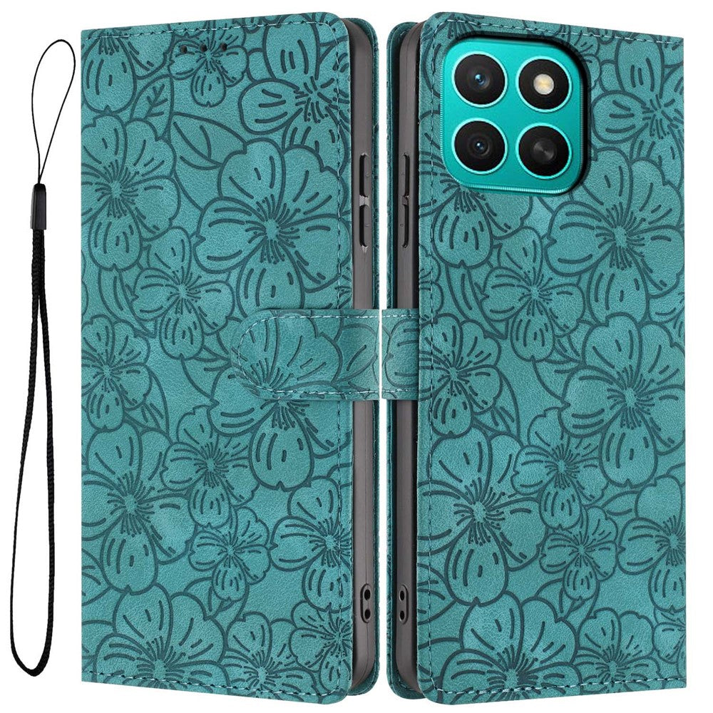 For Honor X8c 4G Flip Case Cherry Blossom Pattern Leather Wallet Stand Phone Cover with Wrist Strap