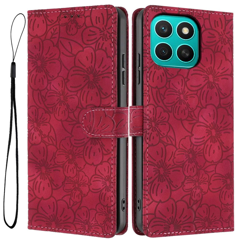 For Honor X8c 4G Flip Case Cherry Blossom Pattern Leather Wallet Stand Phone Cover with Wrist Strap