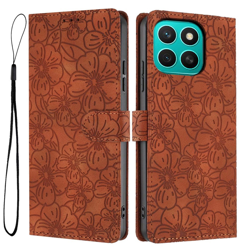 For Honor X8c 4G Flip Case Cherry Blossom Pattern Leather Wallet Stand Phone Cover with Wrist Strap