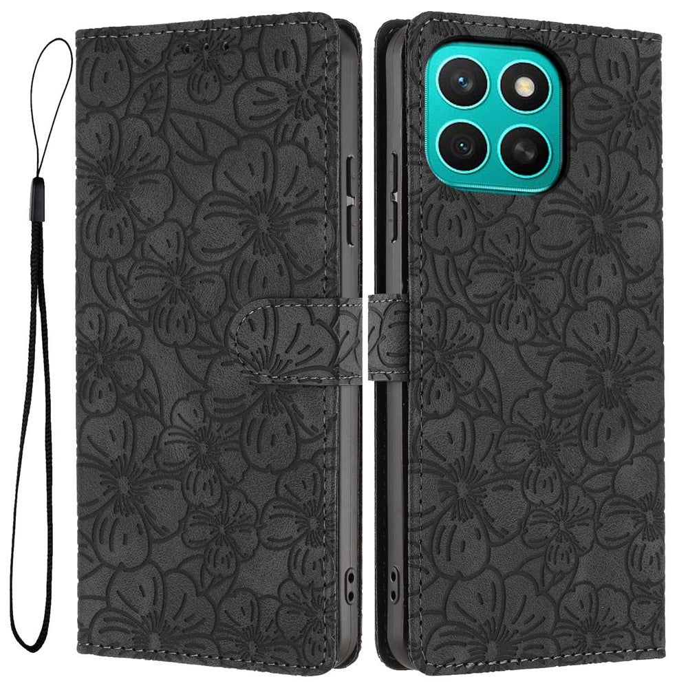 For Honor X8c 4G Flip Case Cherry Blossom Pattern Leather Wallet Stand Phone Cover with Wrist Strap