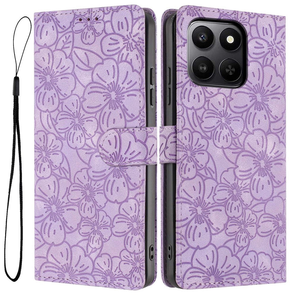 For Honor 400 Smart 5G Flip Case Cherry Blossom Pattern Leather Wallet Stand Phone Cover with Wrist Strap