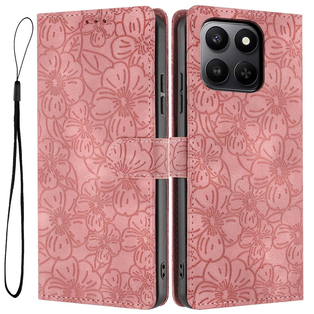 For Honor 400 Smart 5G Flip Case Cherry Blossom Pattern Leather Wallet Stand Phone Cover with Wrist Strap
