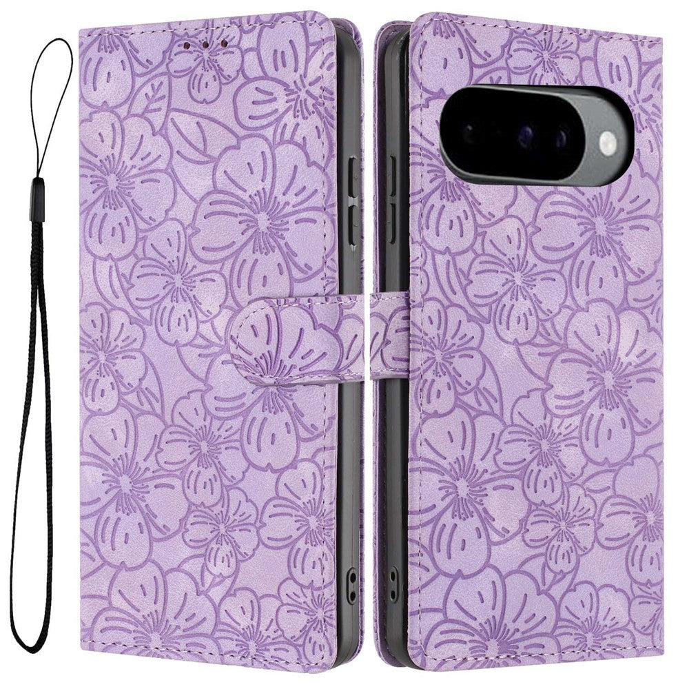 Flip Case For Google Pixel 10 Pro  /  Pixel 10  /  Pixel 9 Pro  /  Pixel 9 Leather Phone Cover Cherry Blossom Pattern Wallet Stand with Wrist Strap