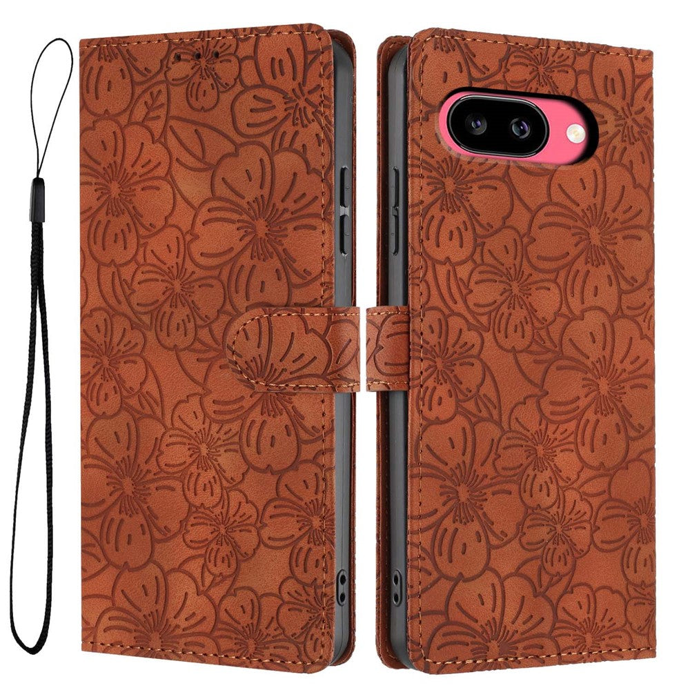 For Google Pixel 9a Flip Case Cherry Blossom Pattern Leather Wallet Stand Phone Cover with Wrist Strap